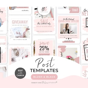 Social Media Post Templates for Canva - Post Templates for Instagram, Retail or Blog, Branding for Coaches, Instant Download, Blush & Black
