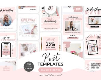 Social Media Post Templates - Canva Templates, Post Templates for Instagram, Retail or Blog, Online Coach, Instant Download, Blush & Black