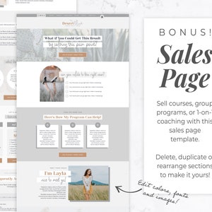 May include: A digital sales page template with a clean, modern design. The template includes sections for program details, testimonials, and a call to action. The text includes "BONUS! Sales Page" and "Edit colors, fonts and images!"