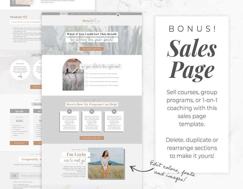 May include: A digital sales page template with a clean, modern design. The template includes sections for program details, testimonials, and a call to action. The text includes "BONUS! Sales Page" and "Edit colors, fonts and images!"