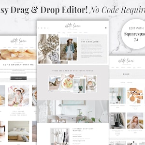 May include: A website design showcasing a clean, minimalist aesthetic with the text "white linen." The design features various sections, including a blog post titled "Come Brunch With Me" and a shop section. The text "Easy Drag & Drop Editor! No Code Required!" is also visible.