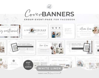 15 Facebook Cover Timeline Templates - Canva Templates, Facebook Group, Business Page, Event Cover, Social Media Templates, White Linen