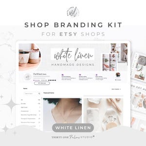 May include: A digital branding kit for Etsy shops, featuring the text "Shop Branding Kit for Etsy Shops." The image showcases a tablet displaying an Etsy shop interface with the "White Linen" logo and various design elements.