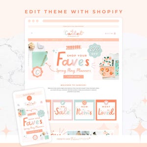 May include: A website design in peach and mint tones, promoting a planner brand. The design features the text "Shop Your Faves" and "Spring Ring Planners." A mobile phone displays the same design. The text "20% OFF" is also visible.