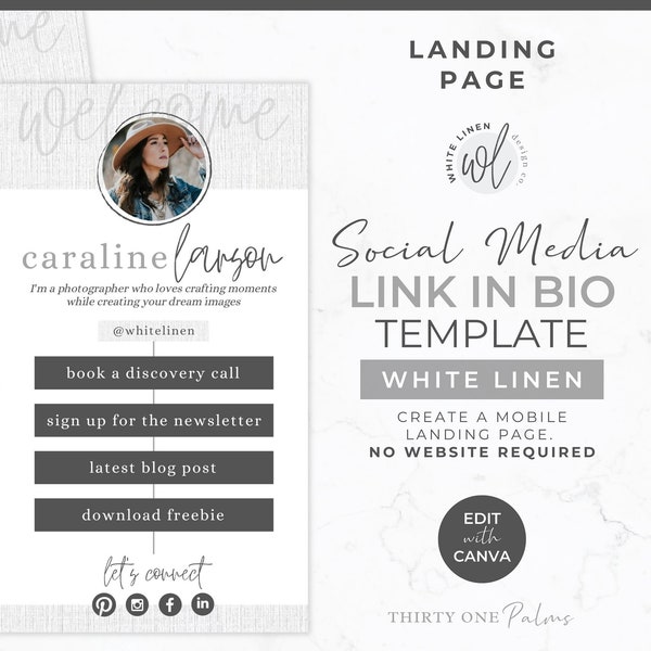 Link in Bio Template- Landing Page Social Media, Canva Template, Mini Website, Minimalist, Link in Bio Template Instagram, White Linen