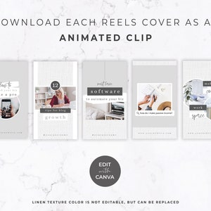 May include: A collection of five Instagram Reels covers with text overlays. The covers feature a light gray background with various images and text, including "Brand your biz like a pro," "12 tips for blog growth," and "Software to automate your biz."