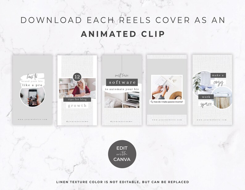 May include: A collection of five Instagram Reels covers with text overlays. The covers feature a light gray background with various images and text, including "Brand your biz like a pro," "12 tips for blog growth," and "Software to automate your biz."