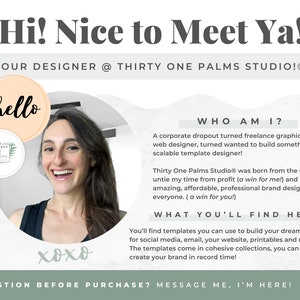 Pode incluir: An&uacute;ncio de design gr&aacute;fico com o texto "Hi! Nice to Meet Ya!" e "Your Designer @ Thirty One Palms Studio!&reg;". Inclui uma foto de uma mulher sorrindo, a palavra "hello" e o texto "xoxo".
