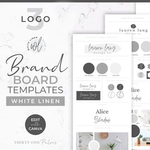 Logotipos de plantillas de tablero de marca para Canva: tablero de marca, plantillas de Canva, plantillas de logotipos, diseño de logotipos, tablero de estado de ánimo, kit de marca, lino blanco