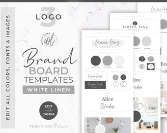 Brand Board Templates Logos for Canva - Branding Board, Canva Templates, Logo Templates, Logo Design, Mood Board, Branding Kit, White Linen
