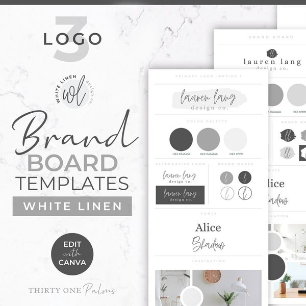 Brand Board Templates Logos for Canva - Branding Board, Canva Templates, Logo Templates, Logo Design, Mood Board, Branding Kit, White Linen