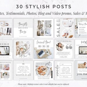 May include: A digital product showcasing 30 stylish social media post templates. The templates include quotes, testimonials, photos, blog and video promos, and sales announcements. The design features a neutral color palette with various layouts and text overlays.