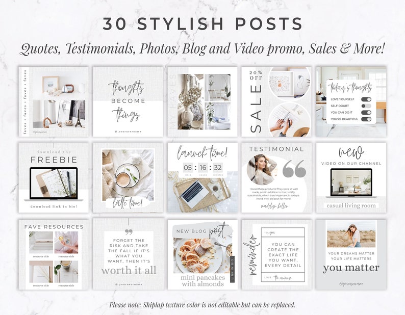 May include: A digital product showcasing 30 stylish social media post templates. The templates include quotes, testimonials, photos, blog and video promos, and sales announcements. The design features a neutral color palette with various layouts and text overlays.