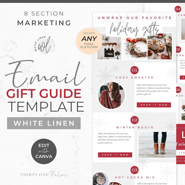 Christmas Gift Guide Email Template for Canva - Mailchimp, Klaviyo, MailerLite, Black Friday Email Marketing, Holiday Sale, White Linen