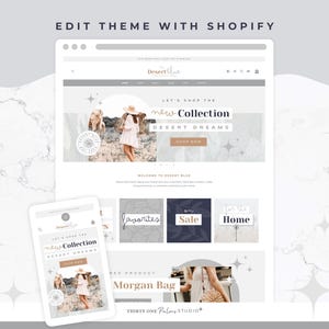 Könnte beinhalten: Ein Website-Design-Mockup mit dem Text "EDIT THEME WITH SHOPIFY". Die Website zeigt ein "Desert Blue"-Thema und präsentiert eine neue Kollektion mit einer Frau in einem Kleid. Ein Mobiltelefon zeigt das gleiche Design.