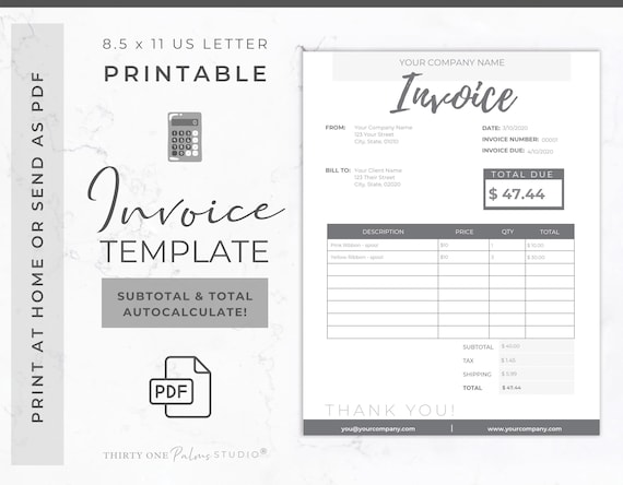 Invoice Template - Editable PDF Invoice, Printable Invoice Template, Business Forms, Instant Download, Digital Invoice Template, PDF Invoice