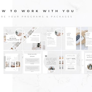 May include: A light gray graphic with text that reads "HOW TO WORK WITH YOU" and "SHARE YOUR PROGRAMS & PACKAGES." The graphic includes several square panels with text and images, including "LET'S WORK TOGETHER" and "GET 15% OFF ANY PACKAGE OR PRODUCT."