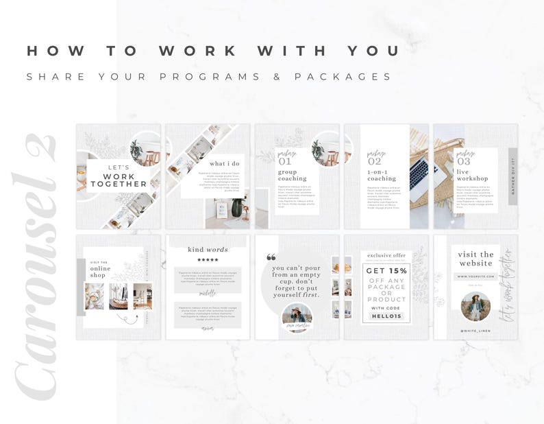 May include: A light gray graphic with text that reads "HOW TO WORK WITH YOU" and "SHARE YOUR PROGRAMS & PACKAGES." The graphic includes several square panels with text and images, including "LET'S WORK TOGETHER" and "GET 15% OFF ANY PACKAGE OR PRODUCT."