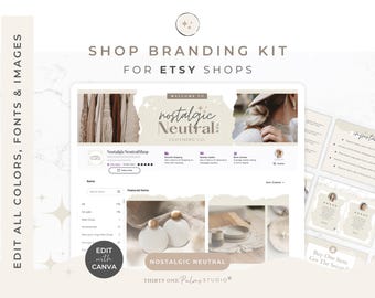 Könnte beinhalten: Ein digitales Shop-Branding-Kit für Etsy-Shops mit editierbaren Farben, Schriftarten und Bildern. Das Design umfasst ein Website-Banner mit dem Text "Nostalgic Neutral Clothing Co." und Produkt-Mockups. Das Kit ist für die Bearbeitung mit Canva konzipiert.