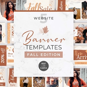 Könnte beinhalten: Fünf Website-Banner-Vorlagen im Herbstthema. Die Banner zeigen eine Vielzahl von Herbstfarben, darunter Orange, Braun und Creme. Der Text auf den Bannern lautet "Fall Sale", "Neue Artikel", "Shop the Collection" und "Herbstverkauf".