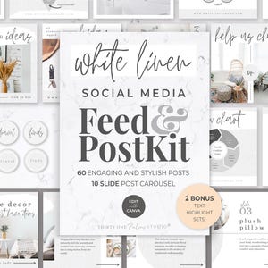 70 Social Media Post Templates  - Templates Canva, Post Templates Instagram, Carousel Post Template, Business Coaching Bundle, White Linen
