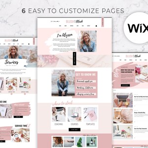 K&ouml;nnte beinhalten: Ein Website-Design-Template in Rosa und Wei&szlig;. Es zeigt Abschnitte f&uuml;r Dienstleistungen, einen Blog und eine "&Uuml;ber mich"-Seite. Das Wix-Logo ist sichtbar. Text enth&auml;lt "6 Easy to Customize Pages" und "Blush & Black".