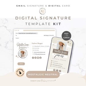 Könnte beinhalten: Ein digitales Signatur-Vorlagen-Kit für Gmail und digitale Karten in einer neutralen Farbpalette. Das Design enthält bearbeitbare Textfelder, Social-Media-Symbole und einen kreisförmigen Platzhalter für Fotos. Der Text umfasst GMAIL SIGNATURE & DIGITAL CARD, DIGITAL SIGNATURE TEMPLATE KIT, EDIT WITH CANVA und NOSTALGIC NEUTRAL.