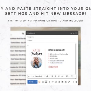 Pode incluir: Captura de tela das configura&ccedil;&otilde;es do Gmail com a assinatura de e-mail de um consultor de neg&oacute;cios. A assinatura inclui uma foto, nome, informa&ccedil;&otilde;es de contato e &iacute;cones de m&iacute;dia social. O texto na parte superior diz: "COPY AND PASTE STRAIGHT INTO YOUR GMAIL SETTINGS AND HIT NEW MESSAGE!"