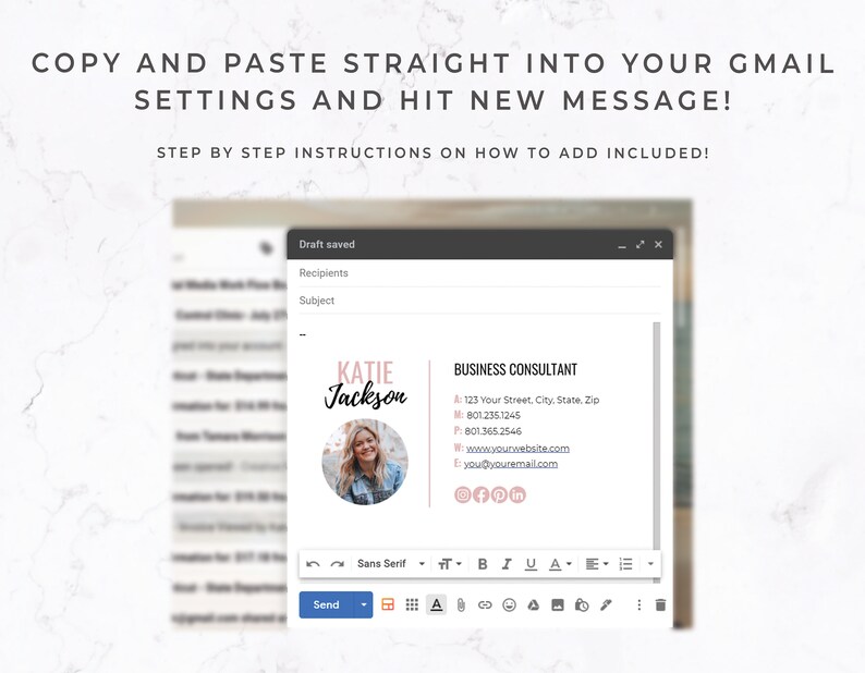 Pode incluir: Captura de tela das configura&ccedil;&otilde;es do Gmail com a assinatura de e-mail de um consultor de neg&oacute;cios. A assinatura inclui uma foto, nome, informa&ccedil;&otilde;es de contato e &iacute;cones de m&iacute;dia social. O texto na parte superior diz: "COPY AND PASTE STRAIGHT INTO YOUR GMAIL SETTINGS AND HIT NEW MESSAGE!"