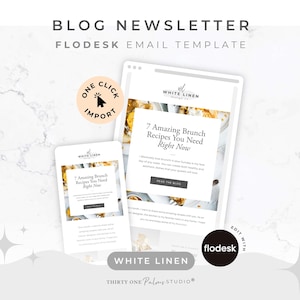 May include: A digital marketing template for a blog newsletter. The design features a smartphone and a tablet displaying a newsletter with the text "7 Amazing Brunch Recipes You Need Right Now." The template includes the text "Edit All Colors, Fonts & Images."
