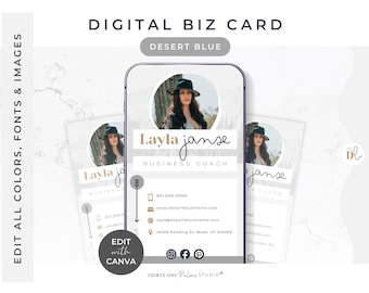 Modelo de cartão de visita digital - Cartão de visita digital para imobiliárias, fotógrafo, modelo de cartão de visita virtual Canva, coach, linho branco