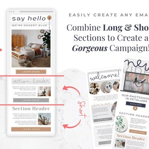 May include: A digital marketing graphic showing examples of email layouts. The text reads "say hello, we're desert blue" and "Combine Long & Short Sections to Create a Gorgeous Campaign!" The layouts include images and text sections.