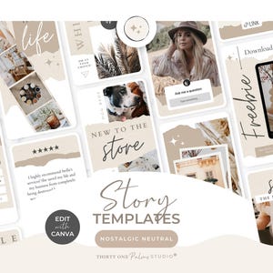 Puede incluir: Un conjunto de plantillas de historias de Instagram en beige y blanco con varios dise&ntilde;os y superposiciones de texto. Las plantillas presentan im&aacute;genes, texto y gr&aacute;ficos, con frases como "life", "new to the store" y "sale". El tema general es nost&aacute;lgico y neutro.