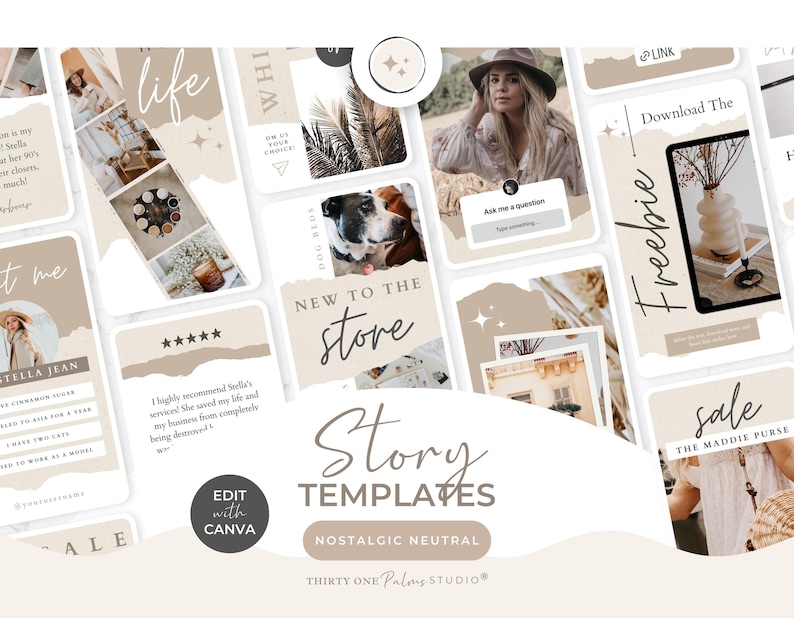 Puede incluir: Un conjunto de plantillas de historias de Instagram en beige y blanco con varios dise&ntilde;os y superposiciones de texto. Las plantillas presentan im&aacute;genes, texto y gr&aacute;ficos, con frases como "life", "new to the store" y "sale". El tema general es nost&aacute;lgico y neutro.