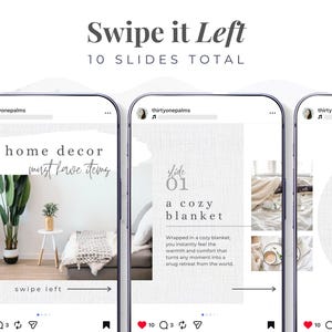 May include: A series of three smartphone screens displaying home decor ideas. The first screen shows a living room scene with a plant and text that reads "10 home decor must have items." The second screen highlights a cozy blanket. The third screen features a ceramic vase.