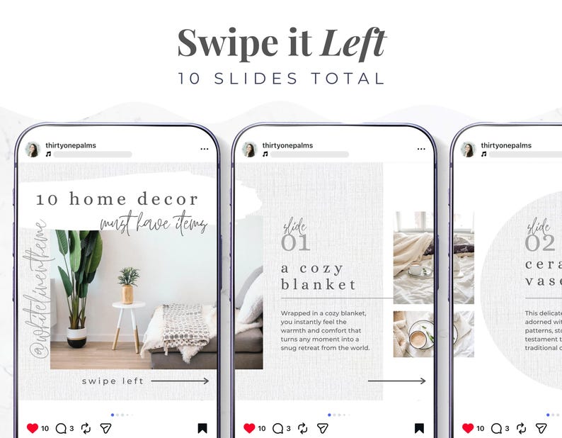 May include: A series of three smartphone screens displaying home decor ideas. The first screen shows a living room scene with a plant and text that reads "10 home decor must have items." The second screen highlights a cozy blanket. The third screen features a ceramic vase.