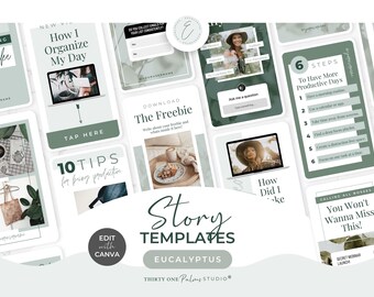 Puede incluir: Un conjunto de plantillas de historias digitales en tonos verdes y blancos, con texto como "How I Organize My Day" y "The Freebie". Las plantillas incluyen imágenes de una computadora portátil, comida y una persona. El diseño incluye el texto "Story Templates" y "Eucalyptus".