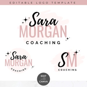 May include: Editable logo template with two different designs. The first design features the name "Sara Morgan Coaching" in a pink and black color scheme with a pink watercolor background. The second design features the initials "SM" in black with a pink watercolor background and the text "Coaching" below.