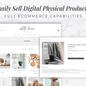 May include: A website mockup showcasing an e-commerce platform with the text "Easily Sell Digital Physical Products!" and "FULL ECOMMERCE CAPABILITIES." The site displays product listings, including a woven charger, rattan plant hanger, and wooden kitchen utensils.