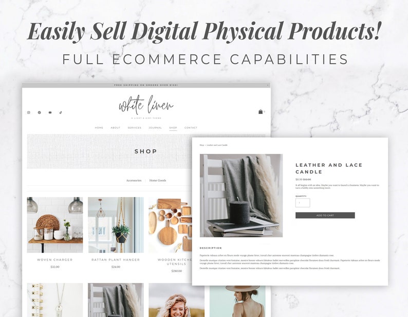 May include: A website mockup showcasing an e-commerce platform with the text "Easily Sell Digital Physical Products!" and "FULL ECOMMERCE CAPABILITIES." The site displays product listings, including a woven charger, rattan plant hanger, and wooden kitchen utensils.