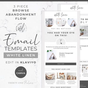 Stöbern Sie in Abandonment Email Flow - Newsletter Design, E-Mail Marketingautomatisierung, eKommerce-Reihenfolge, bearbeiten Sie mit Canva & Klaviyo, weißes Leinen