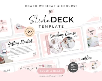 Könnte beinhalten: Eine Folienvorlage mit einem sanften Rosa- und Weißfarbschema. Das Design enthält den Text "Slide Deck Template" und "Coaching Course" mit der Option zur Bearbeitung mit Canva. Die Vorlage bietet 50 Folien zum Mischen und Anpassen.