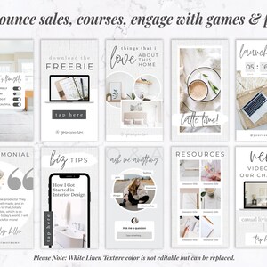 May include: A collection of Instagram story templates with various designs and text overlays. The templates include phrases like "Today's Thoughts," "Download the Freebie," and "Launch Time!" The overall theme is promoting sales, courses, and engagement.