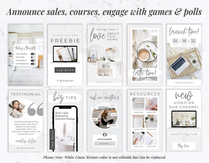 May include: A collection of Instagram story templates with various designs and text overlays. The templates include phrases like "Today's Thoughts," "Download the Freebie," and "Launch Time!" The overall theme is promoting sales, courses, and engagement.