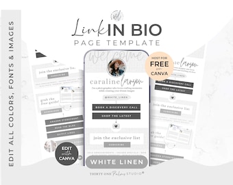 Link in Bio Template- Landing Page Social Media, Canva Template, Mini Website, Minimalist, Link in Bio Template Instagram, White Linen