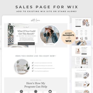 Pode incluir: Um modelo de página de vendas de site para Wix, com o texto "SALES PAGE FOR WIX" e "ADD TO EXISTING WIX SITE OR STAND ALONE!". A página inclui seções com texto e imagens e um botão que diz "YES PLEASE I NEED THIS".