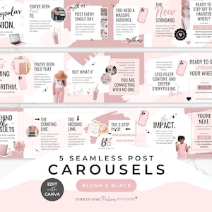May include: A digital marketing graphic in blush and black. The design includes text such as "5 Seamless Post Carousels" and "Edit with Canva." The image incorporates various design elements and text blocks offering marketing advice and tips.