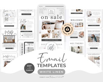E-Mail-Vorlagen-Bundle für Canva - Vorlage für E-Mail, Mailchimp, FloDesk, MailerLite, E-Mail-Design, Newsletter, E-Mail-Optimierung, weißes Leinen