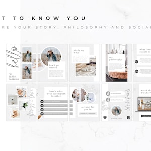 May include: A digital marketing carousel with a light gray background. The carousel includes text such as "Get to Know You" and "Share Your Story, Philosophy and Socials." The carousel also includes photos and text about the coach, her philosophy, and goals.