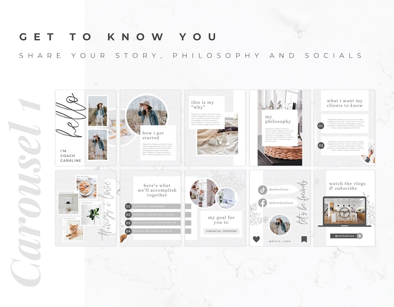May include: A digital marketing carousel with a light gray background. The carousel includes text such as "Get to Know You" and "Share Your Story, Philosophy and Socials." The carousel also includes photos and text about the coach, her philosophy, and goals.